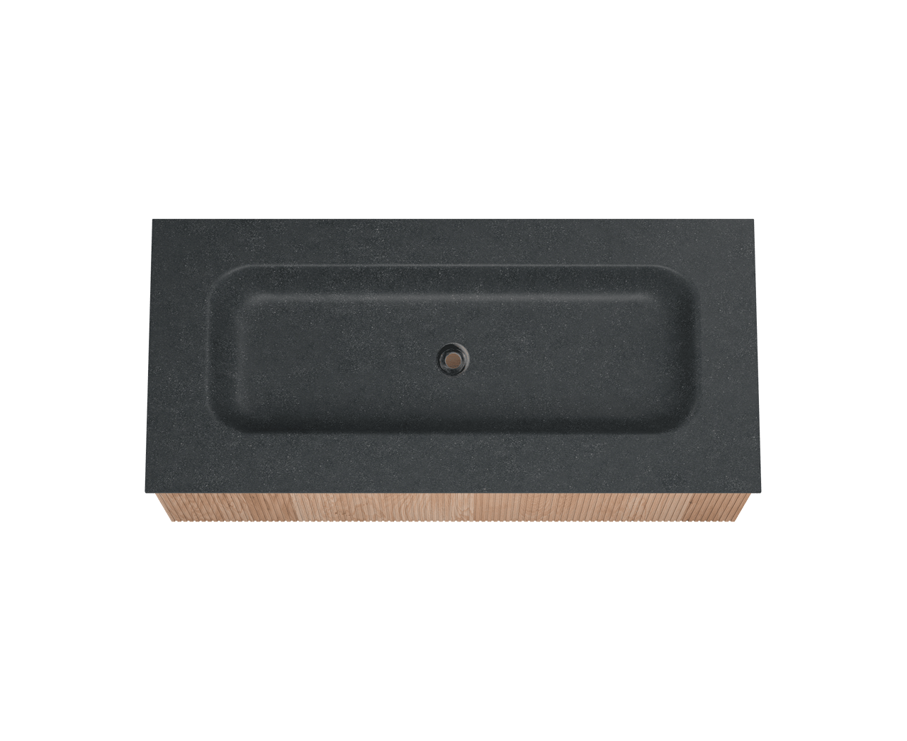 Balmani Forma zwevend badkamermeubel 120 x 55 cm natuur eik met Tablo Arcato enkele wastafel voor 2 kraangaten in graniet zwart, Verticale symmetrische rechte ribbel
