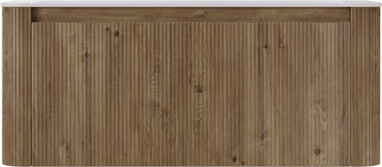 Storke Soft meuble salle de bains suspendu 120 x 46 cm chêne brut avec Mata Soft double vasque en Solid Surface blanc mat, Nervure droite symétrique verticale