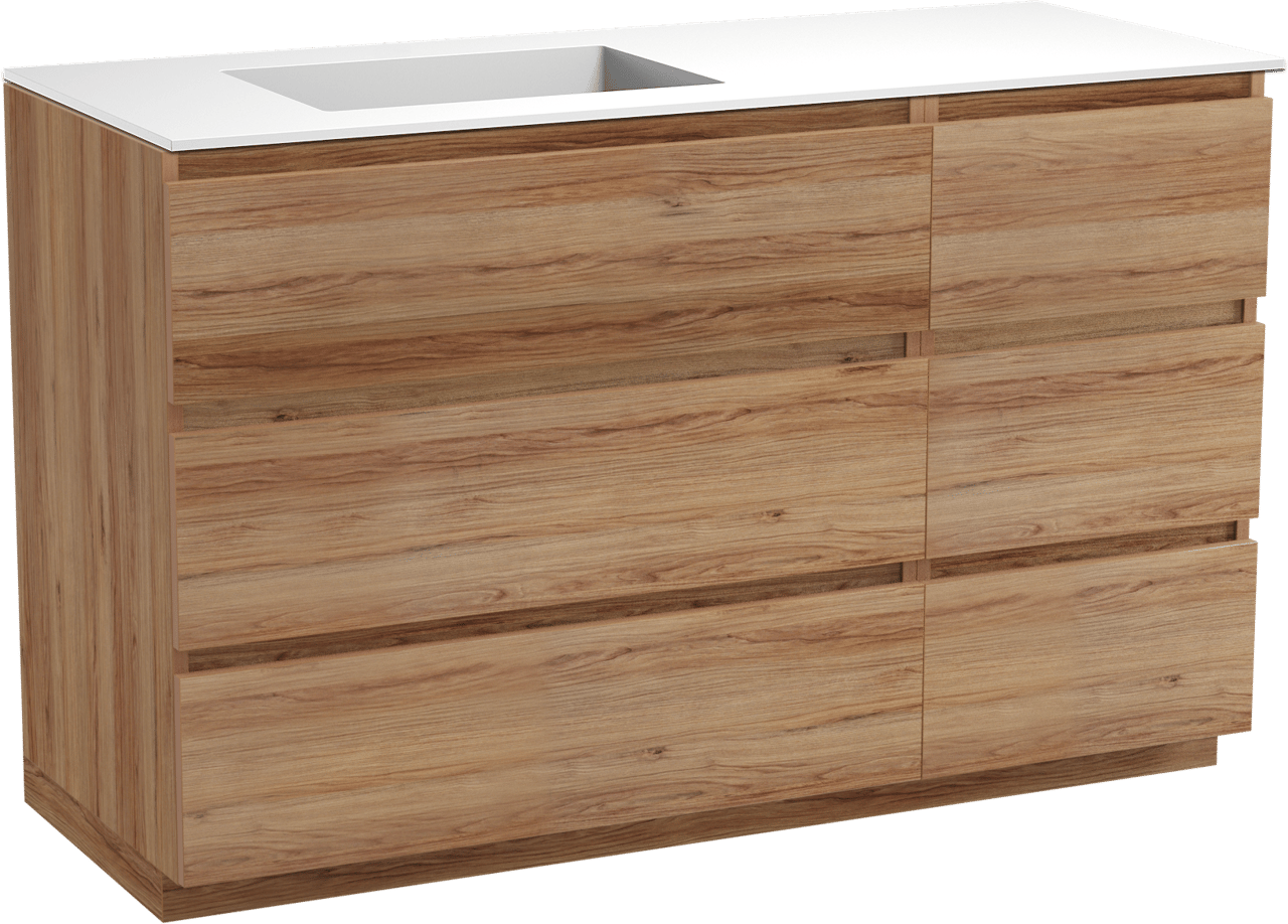 Balmani Lucida freistehendes Möbelstück Set: 135 x 55 cm, Teak, mit Tablo Stretto Waschtisch links, Solid Surface Weiß matt