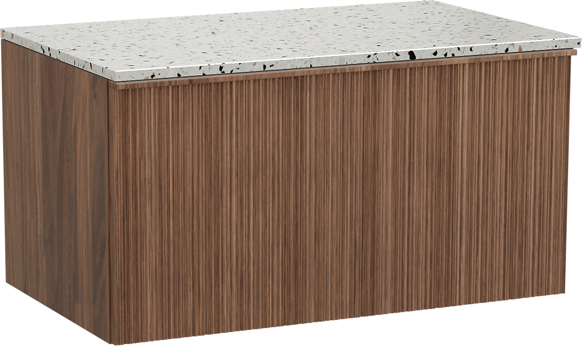 Balmani Forma meuble salle de bains suspendu 90 x 55 cm noyer américain avec Stretto tablette simple en blanc/noir mat terrazzo, Nervure circulaire asymétrique verticale