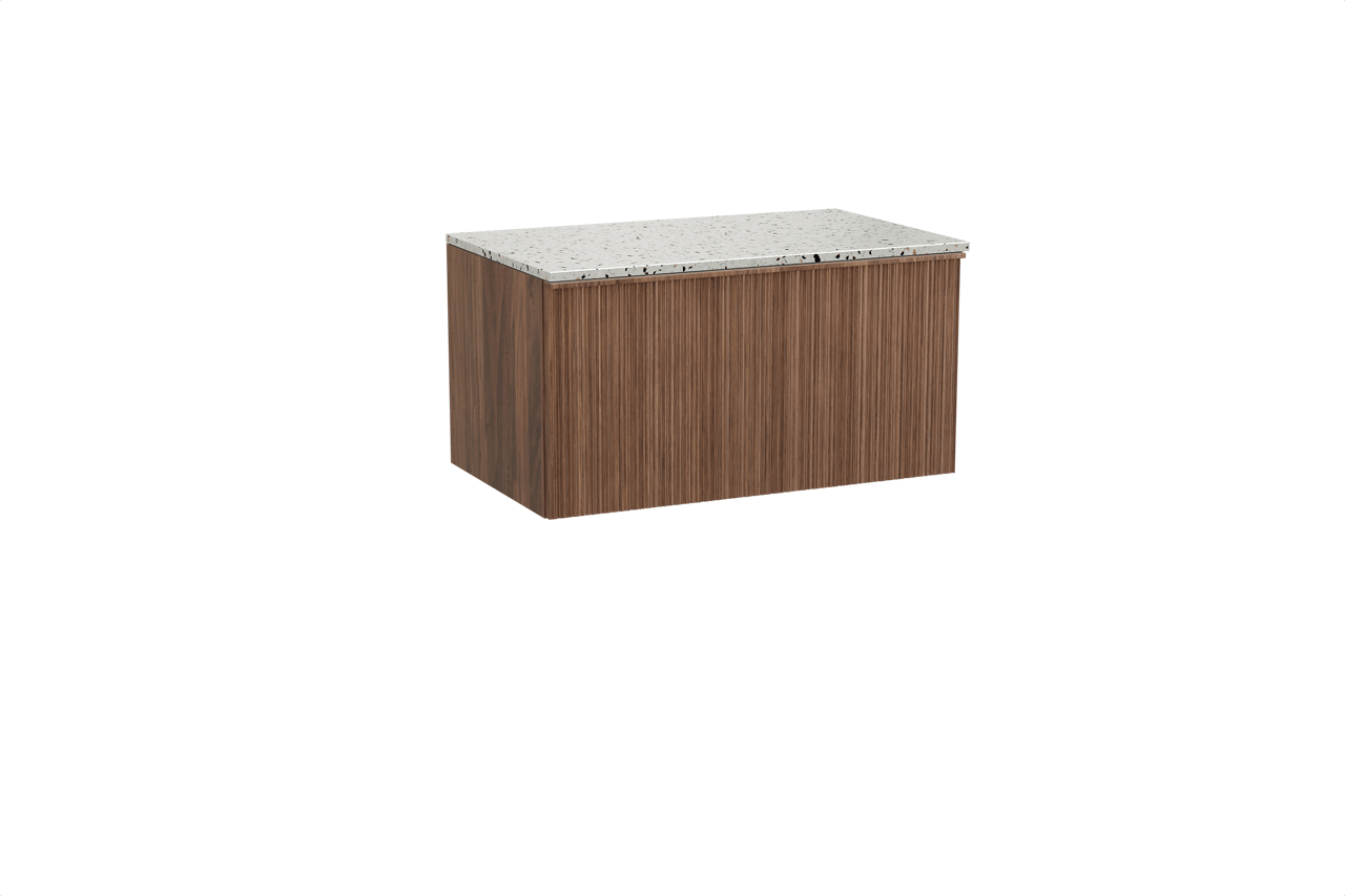 Balmani Forma hängendes Möbelstück Set: 90 x 55 cm, Amerikanischer Nussbaum, mit Stretto Einzel Waschtischplatte, Terrazzo in Weiß/Schwarz matt, Vertikale asymmetrische Runde Rippe