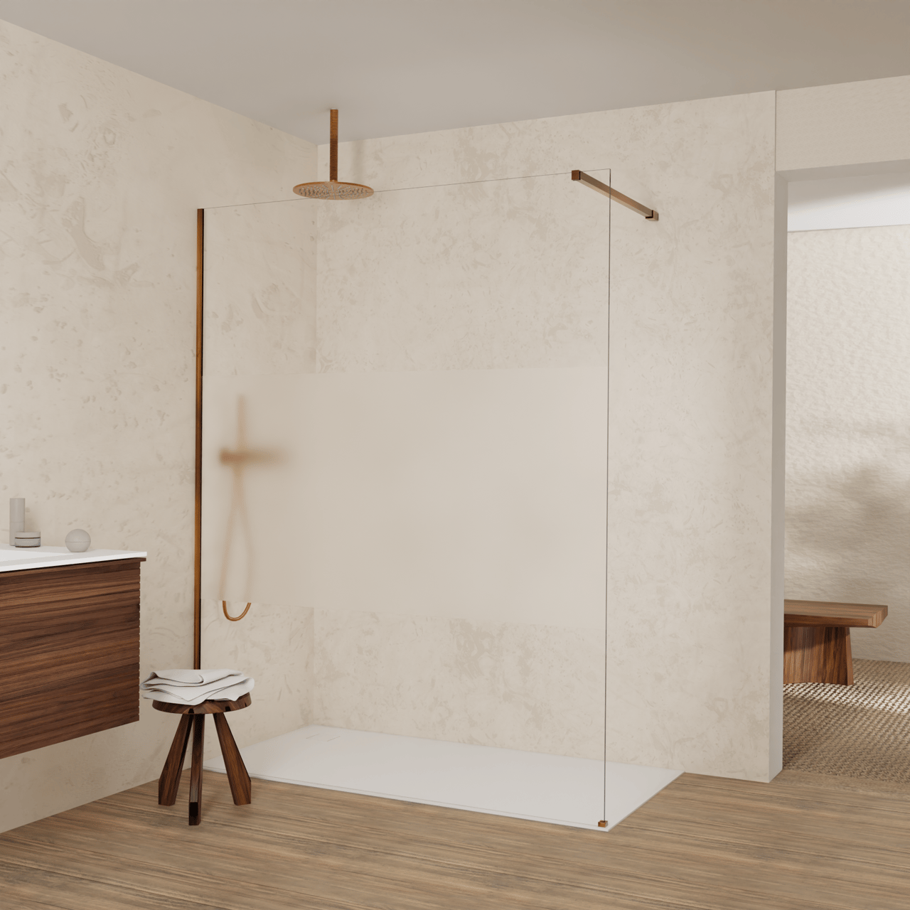 Balmani Modular douche à l'italienne: 160 x 200 cm, Verre transparent avec bande mate, Profil Brushed Rosegold