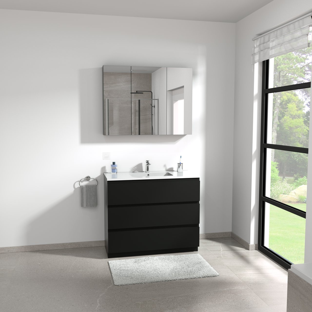 Linie Montro Spiegelschrank Bad: 100 x 75 cm, Schwarz Matt