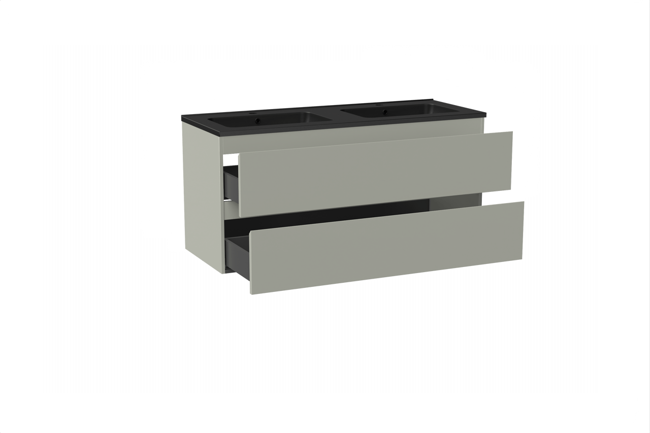 Linie Lado hängendes Möbelstück Set: 120 x 46 cm, Greige, mit Vano Doppelwaschtisch, Marmorkomposit Schwarz matt