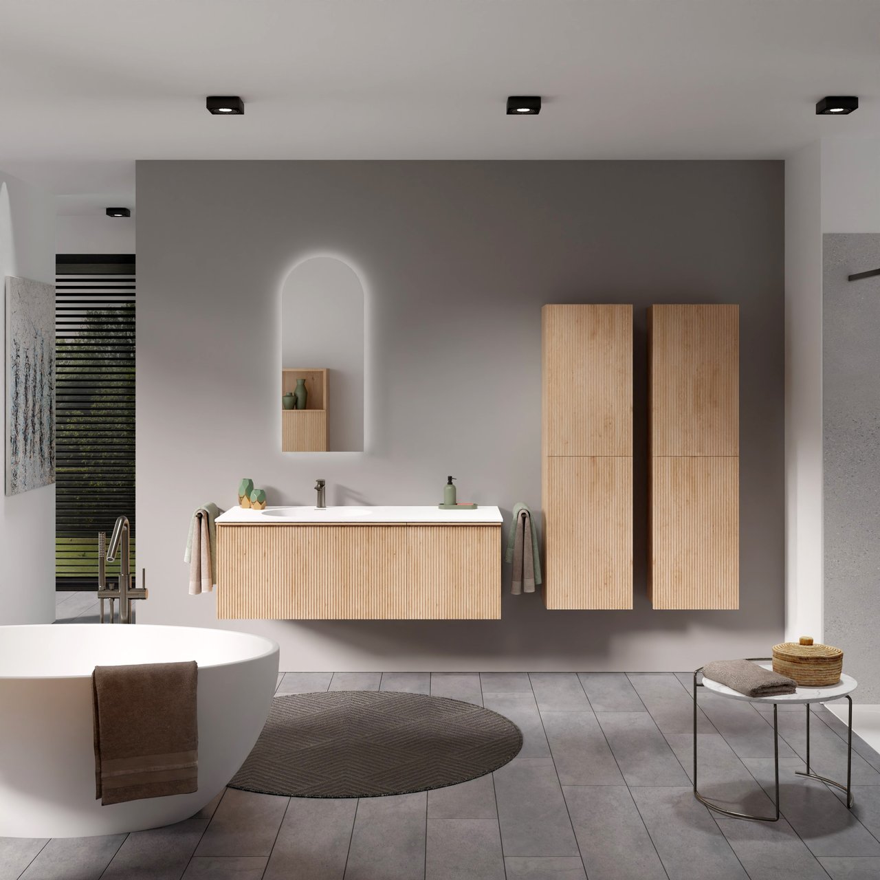 Balmani Forma hängendes Möbelstück Set: 135 x 55 cm, Naturbelassene Eiche, mit Tablo Oval Waschtisch links, Solid Surface, Weiß matt, Vertikale symmetrische gerade Rippe