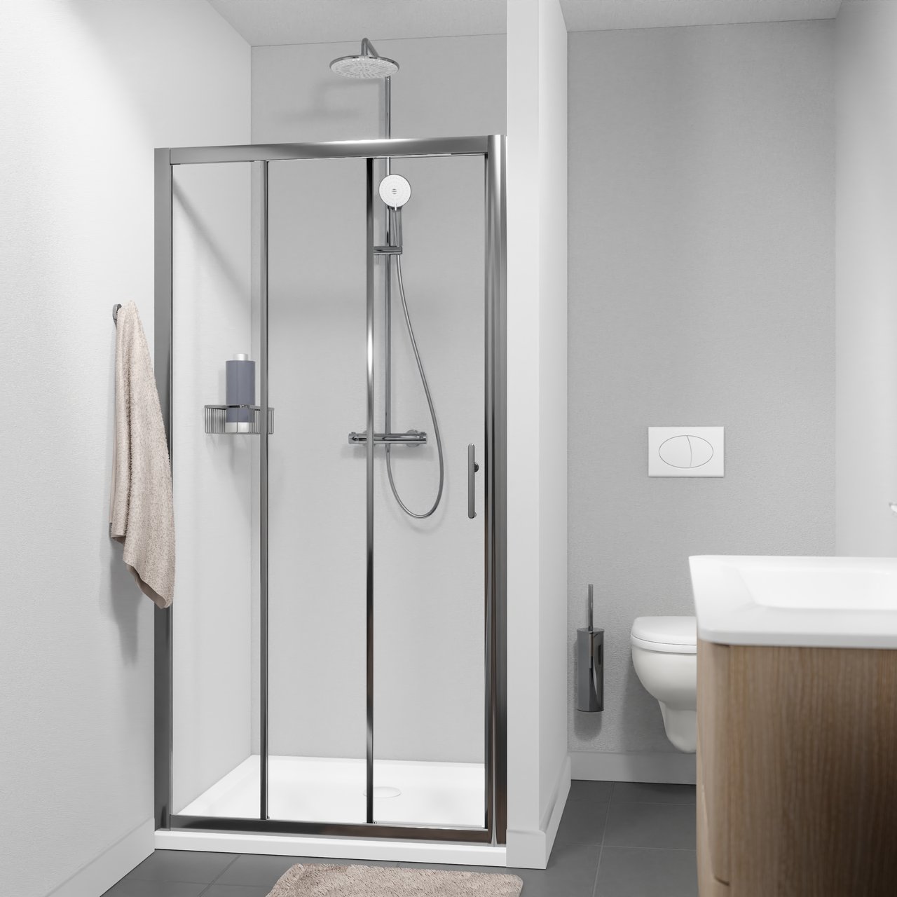 Linie Cadiz driedelige douche schuifdeur 100 cm x 190 cm Helder glas Brushed Chrome profiel