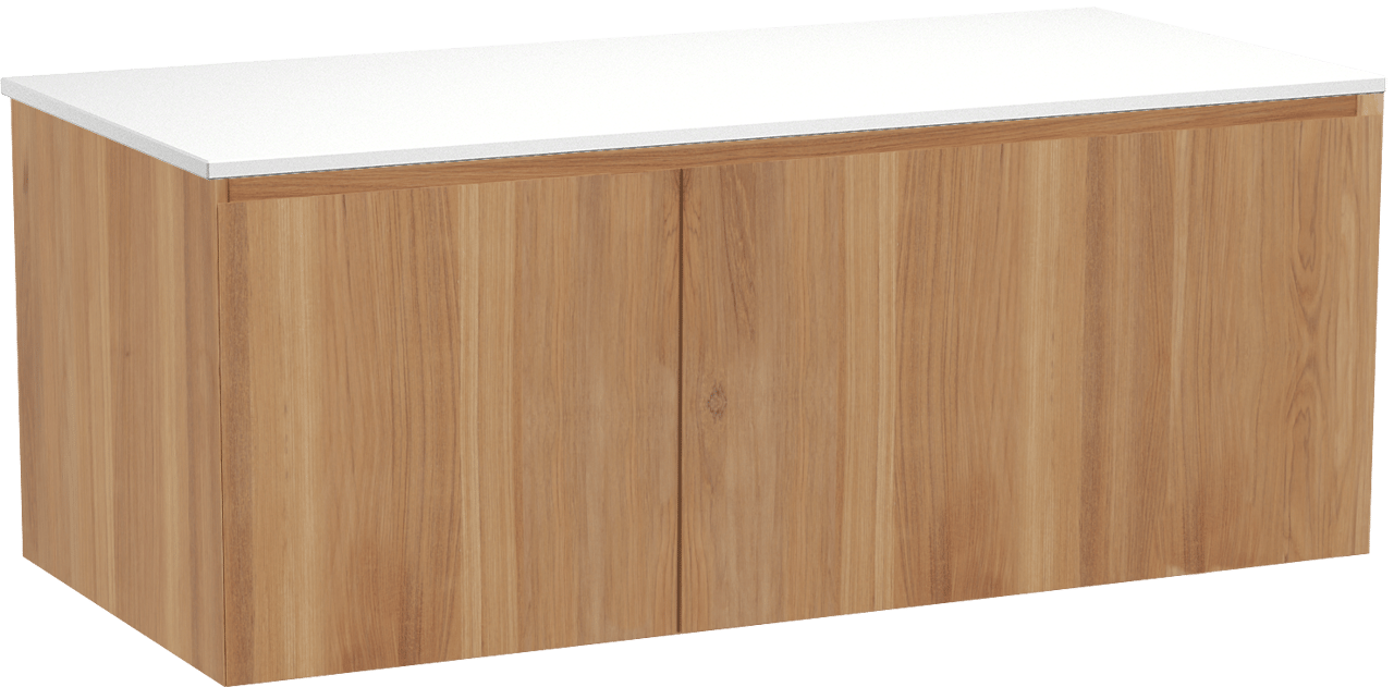 Balmani Idra zwevend badmeubel 120 x 55 cm teakhout met Stretto enkel of dubbel wastafelblad in solid surface mat wit