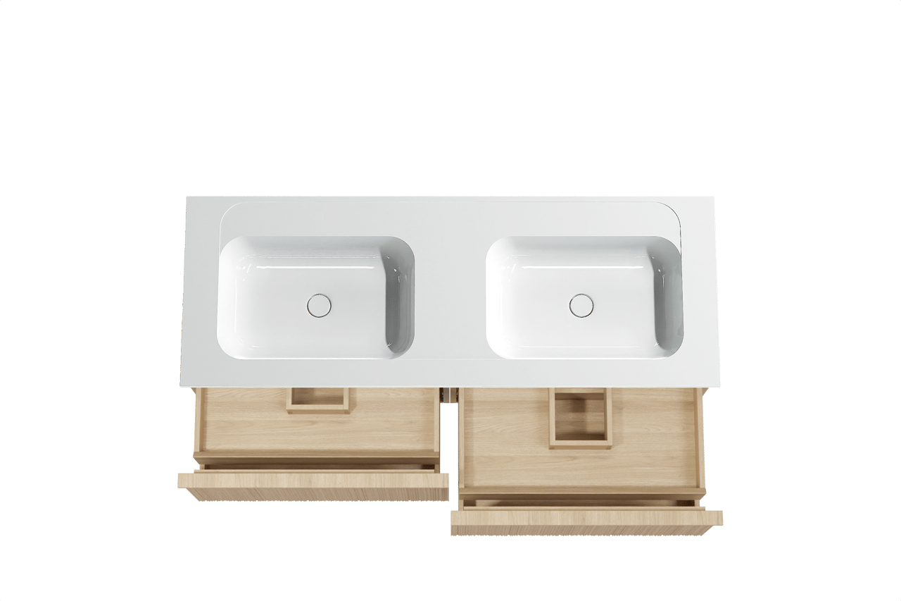 Balmani Forma meuble salle de bains suspendu 150 x 55 cm chêne naturel avec Tablo Strada double vasque en marbre composite blanc brillant, Nervure circulaire asymétrique verticale