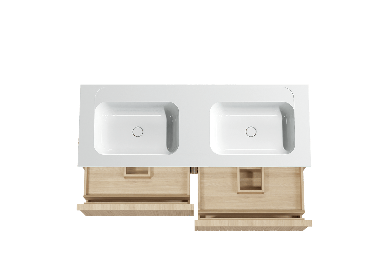 Balmani Forma meuble salle de bains suspendu 150 x 55 cm chêne naturel avec Tablo Strada double vasque en marbre composite blanc brillant, Nervure circulaire asymétrique verticale