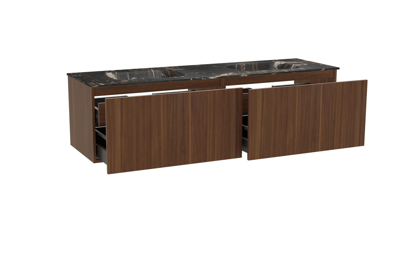 Balmani Sfera hängendes Möbelstück Set: 180 x 55 cm, Amerikanischer Nussbaum, mit Tablo Arcato Doppelwaschtisch, Marmor Portoro Gold