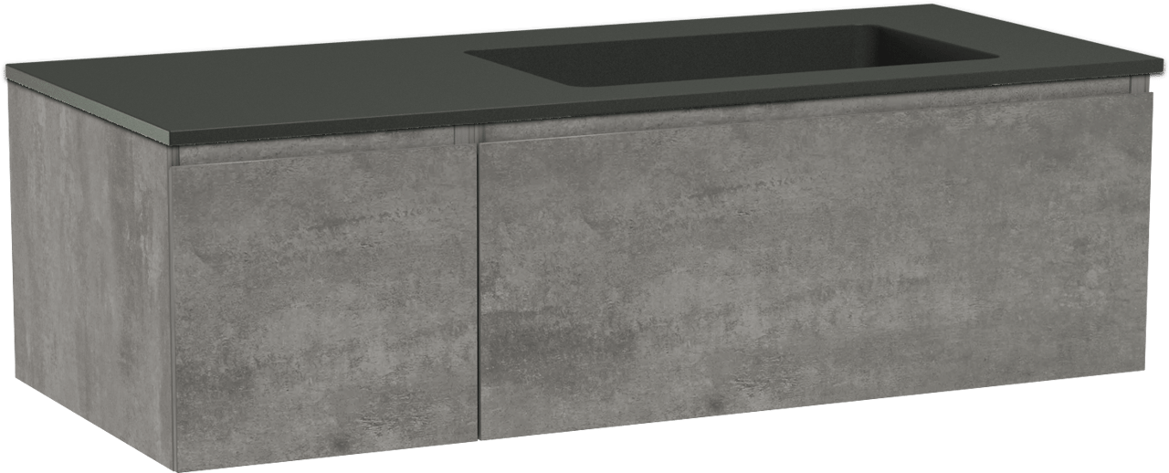 Storke Edge meuble salle de bains suspendu 120 x 52 cm béton gris foncé avec Scuro plan vasque asymétrique à droite en quartz noir mat