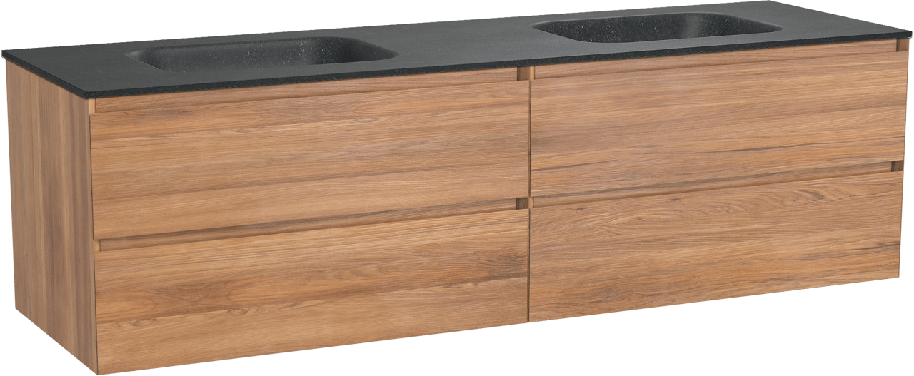 Balmani Mitra meuble salle de bains suspendu 180 x 55 cm teck avec Tablo Arcato double vasque en granit noir