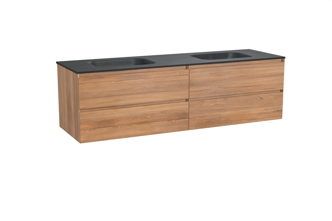 Balmani Mitra zwevend badkamermeubel 180 x 55 cm teak met Tablo Arcato dubbele wastafel in graniet zwart