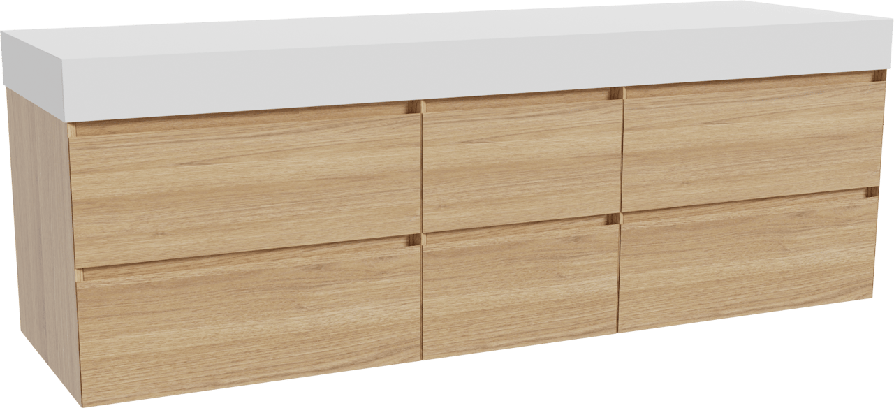 Balmani Mitra zwevend badkamermeubel 180 x 55 cm natuur eik met Dominus enkel of dubbel tablet in solid surface mat wit