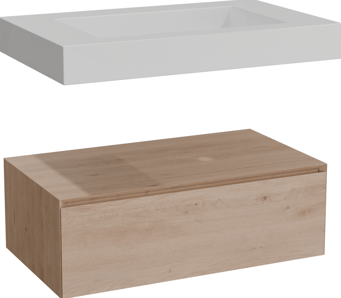 Balmani Mitra Elements hängendes Möbelstück Set: 90 x 55 cm, Naturbelassene Eiche mit Modus Einzelwaschtisch, Solid Surface Weiß matt