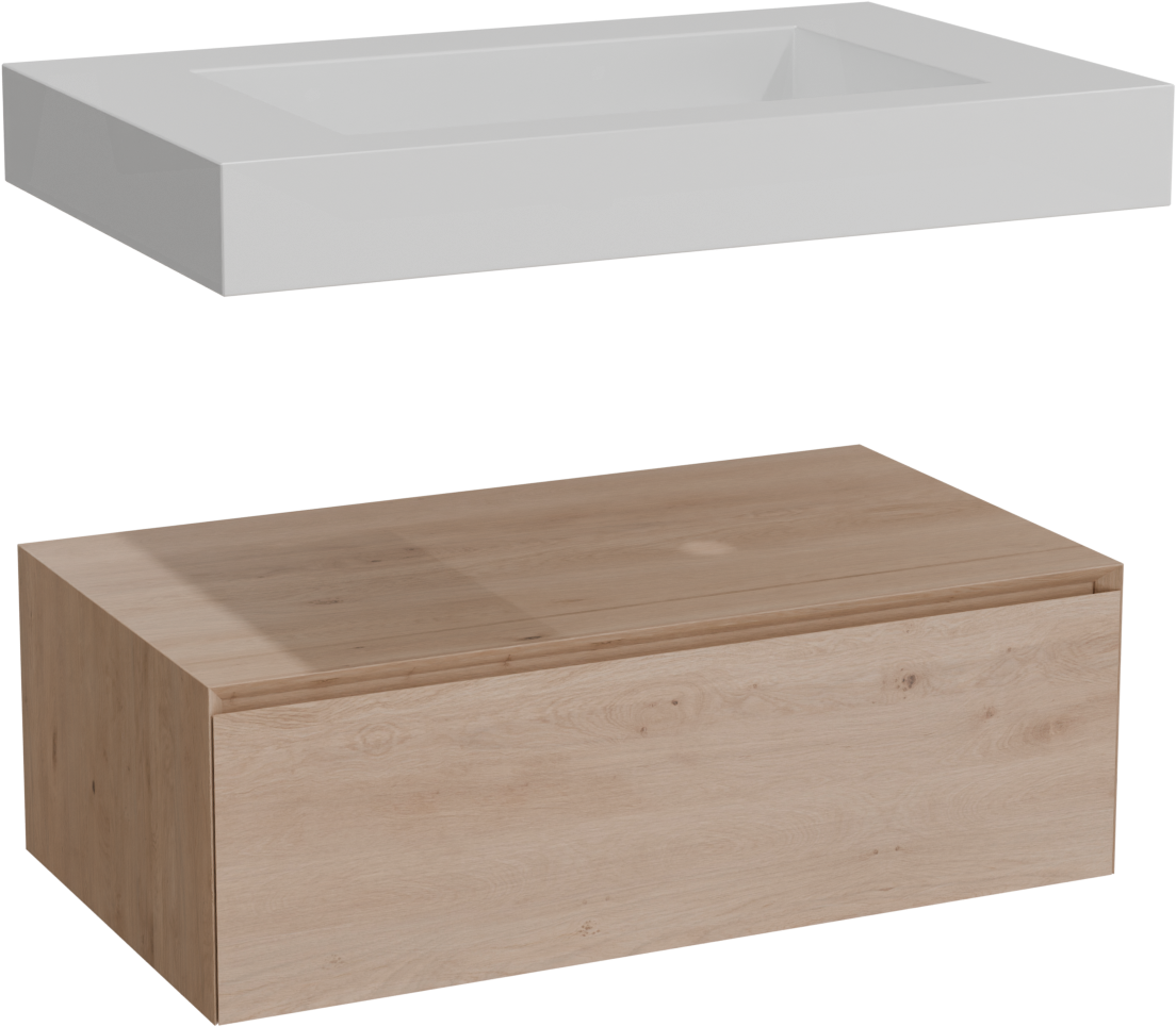 Balmani Mitra Elements hängendes Möbelstück Set: 90 x 55 cm, Naturbelassene Eiche mit Modus Einzelwaschtisch, Solid Surface Weiß matt