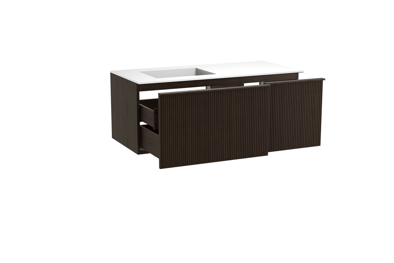 Balmani Forma hängendes Möbelstück Set: 120 x 55 cm, Geräucherte Eiche, mit Tablo Stretto Waschtisch links, Solid Surface, Weiß matt, Vertikale symmetrische gerade Rippe