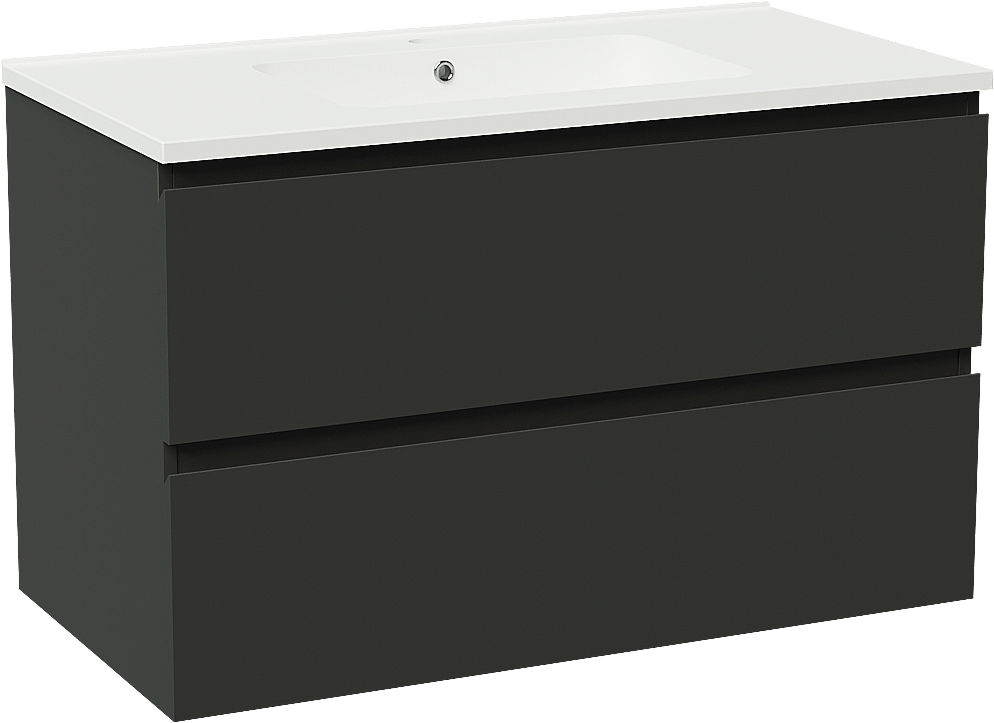 Linie Lado zwevend badmeubel 90 x 46 cm mat zwart met Vano enkele wastafel in composietmarmer mat wit