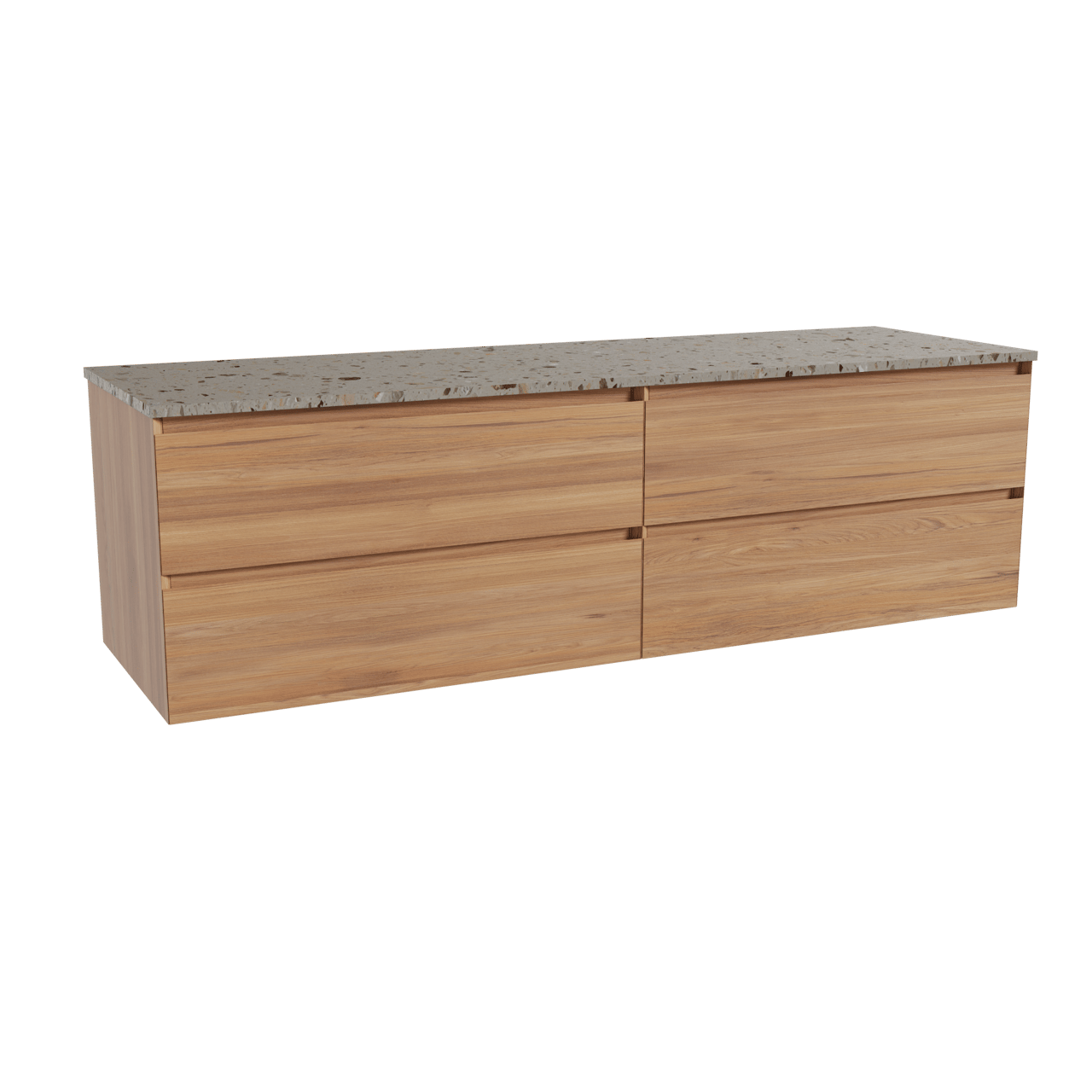 Balmani Mitra hängendes Möbelstück Set: 180 x 55 cm, Teak, mit Stretto Einzel- oder Doppel Waschtischplatte, Terrazzo in Greige