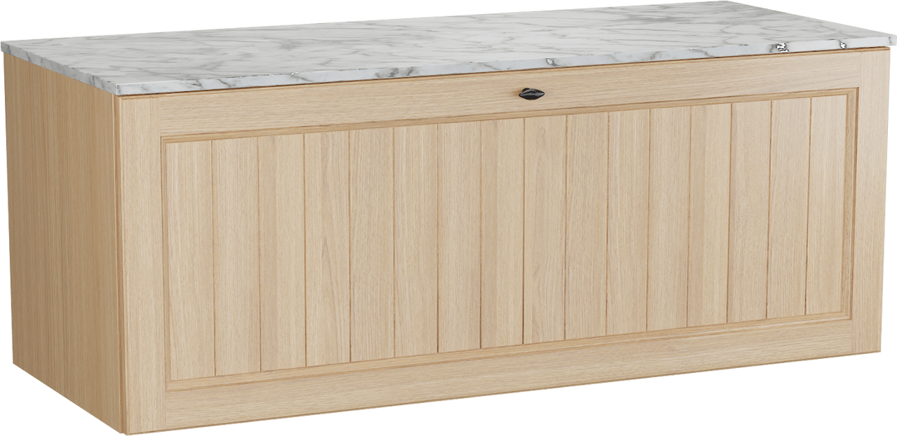 Balmani Lemon zwevend badkamermeubel 135 x 55 cm, fineer natuur eik met Stretto enkel of dubbel tablet in carrara