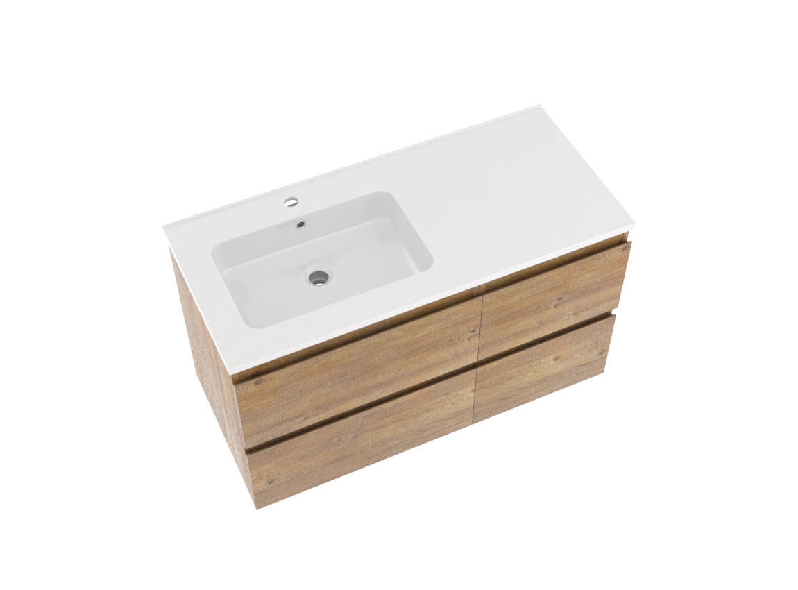 Linie Lado meuble salle de bains suspendu 100 x 46 cm chêne naturel avec Vano plan vasque asymétrique à gauche en marbre composite blanc brillant