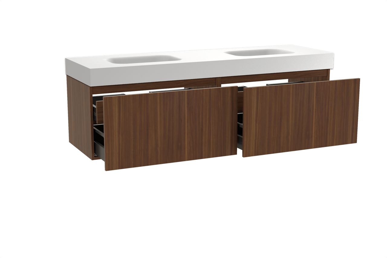 Balmani Sfera zwevend badkamermeubel 180 x 55 cm amerikaanse notelaar met Arcato dubbele wastafel in solid surface mat wit