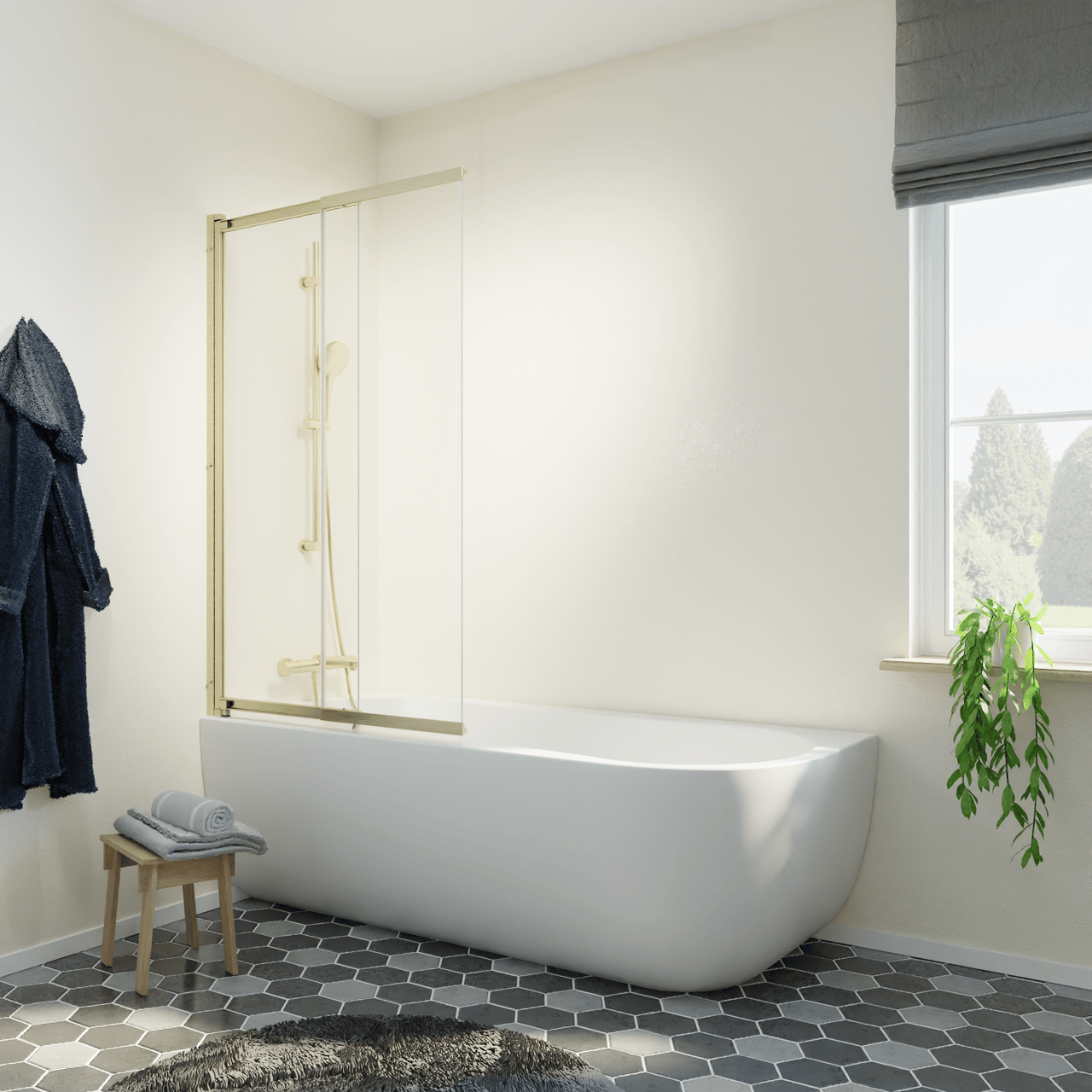 Luca Varess Vetras uitschuifbare badwand 100 cm helder glas geborsteld Champagne Gold profiel