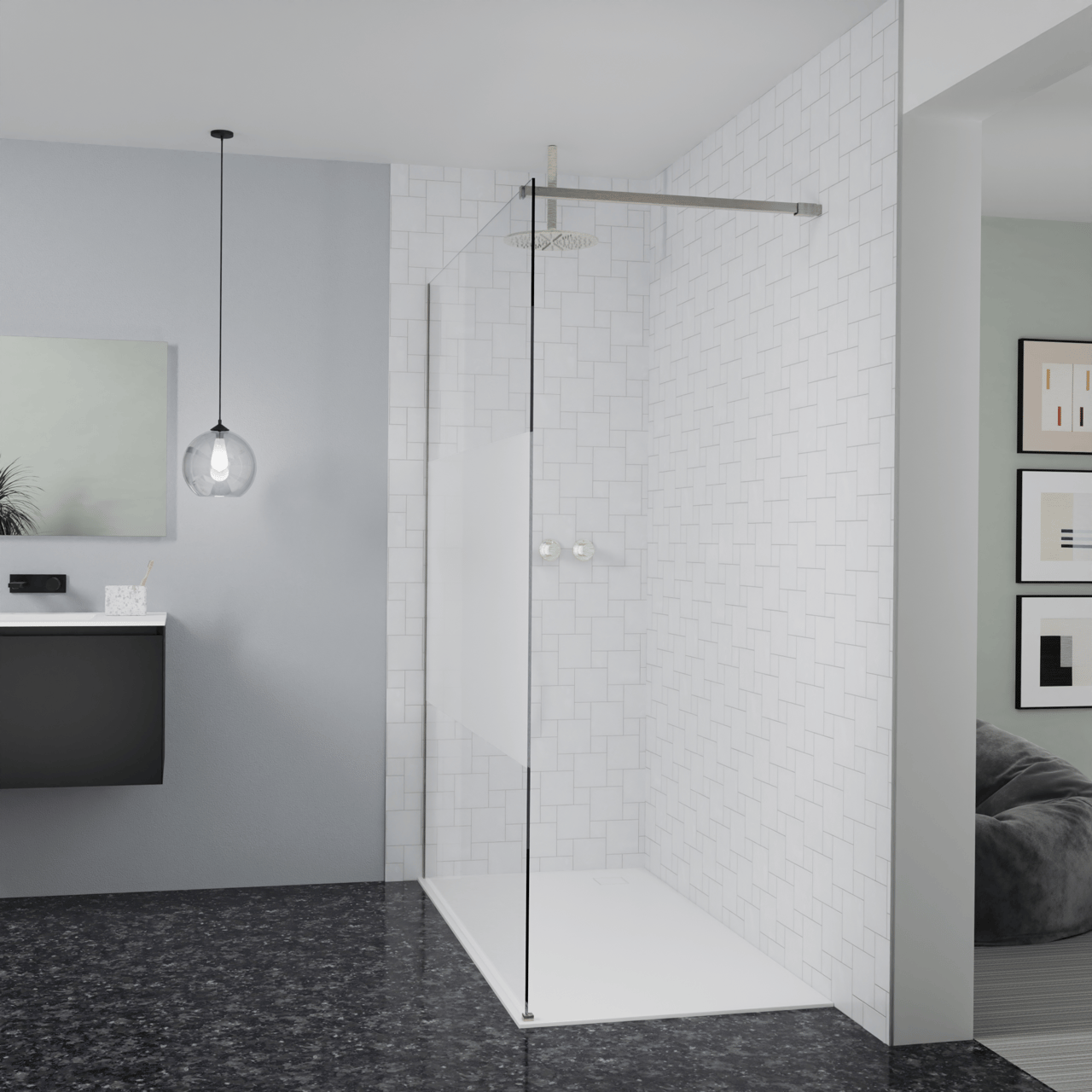 Balmani Modular inloopdouche: 160 x 200 cm, Helder glas met matte strook, Brushed CoolMetal profielen