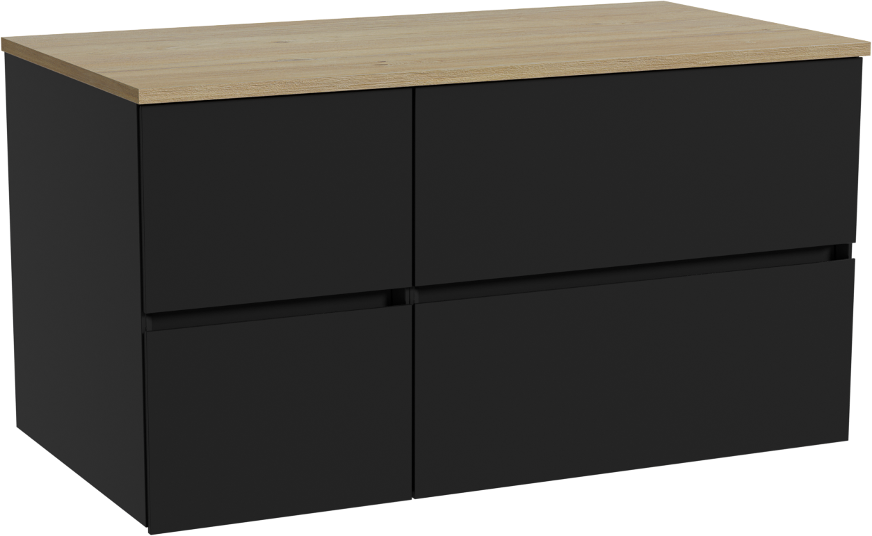 Storke Edge hängendes Möbelstück Set: 100 x 52 cm, Schwarz matt, mit Panton Einzel Waschtischplatte, Melamin Rohe Eiche