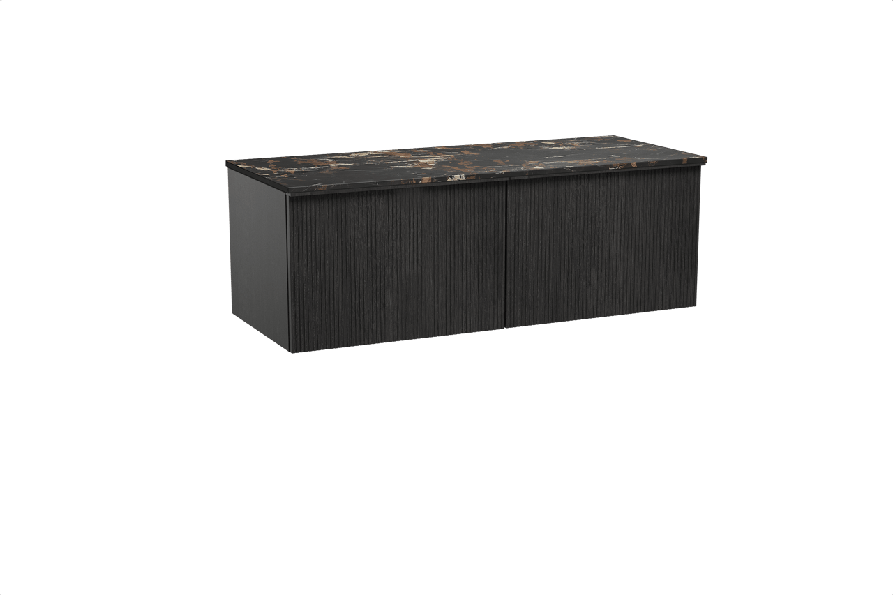 Balmani Forma meuble salle de bains suspendu 135 x 55 cm chêne noir avec Stretto tablette simple ou double en marbre portoro gold, Nervure droite symétrique verticale