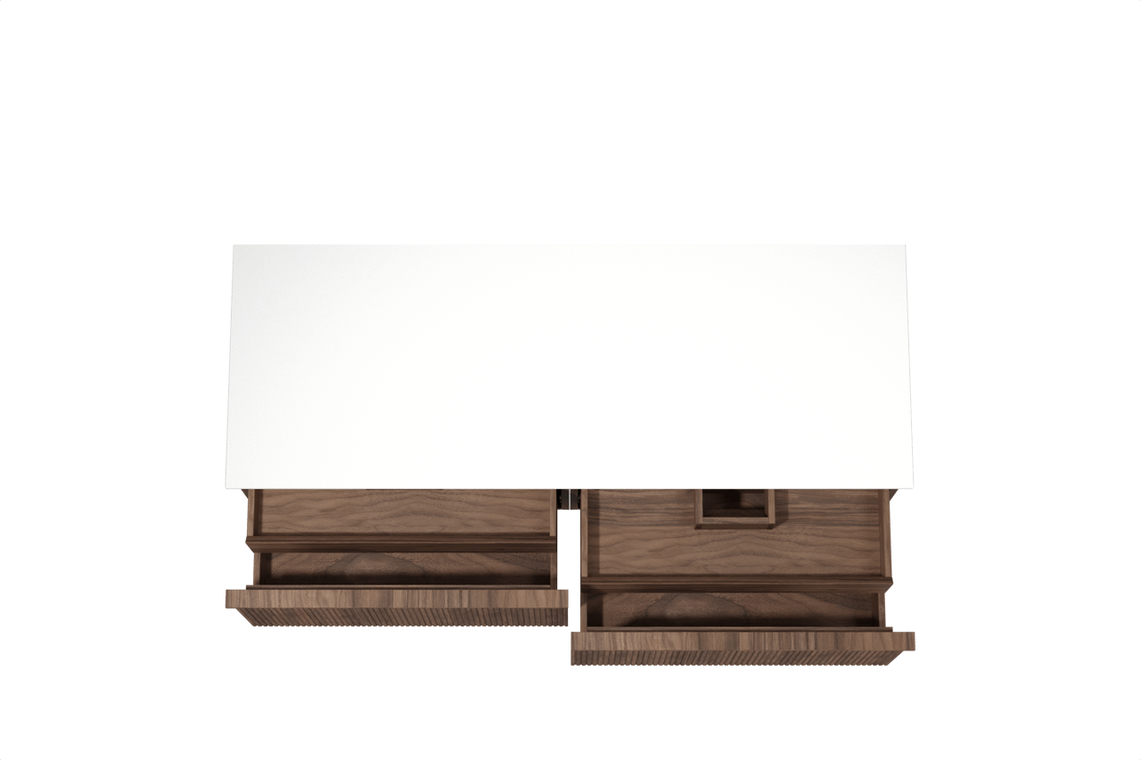 Balmani Forma zwevend badkamermeubel 150 x 55 cm amerikaanse notelaar met Stretto enkel of dubbel tablet in solid surface mat wit, Verticale symmetrische rechte ribbel