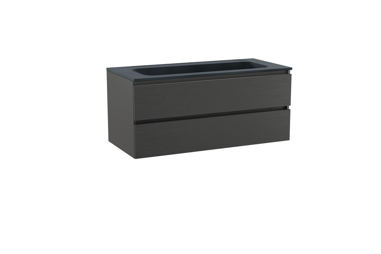 Balmani Lucida hängendes Möbelstück Set: 120 x 55 cm, Schwarze Eiche, mit Tablo Strada Einzelwaschtisch für 2 Armaturenlöcher, Marmorkomposit Schwarz matt