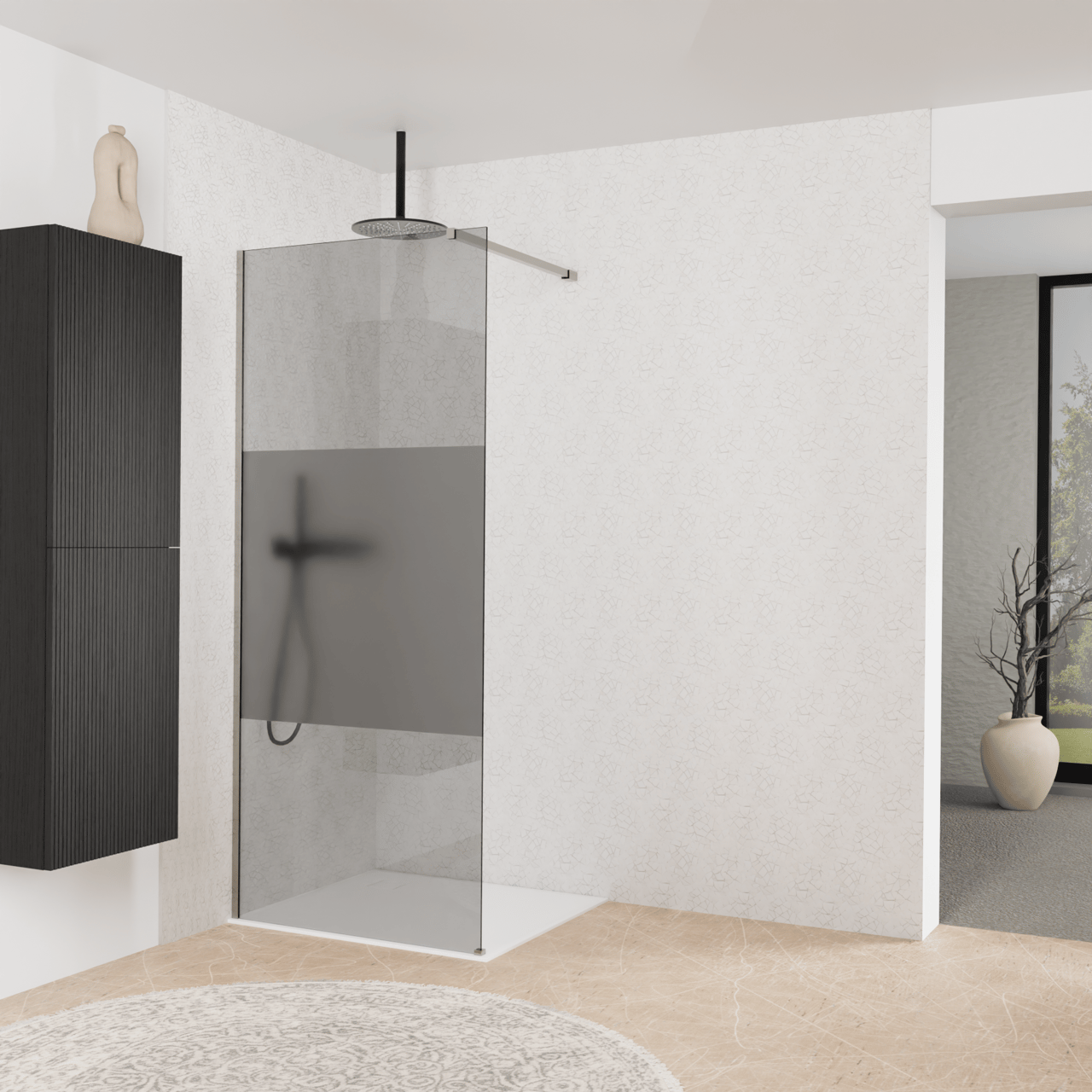 Balmani Modular Walk-In Dusche: 90 x 200 cm, Rauchglas mit mattiertem Streifen, inklusive Coating, Profil Brushed Inox