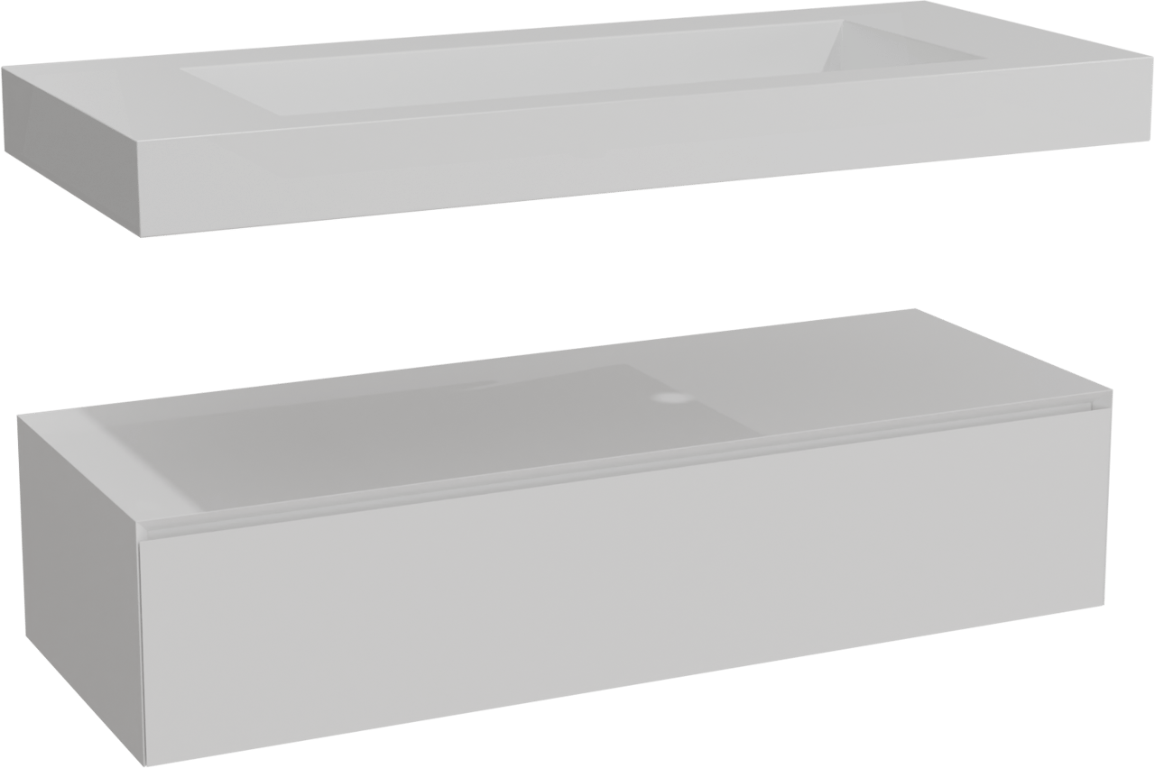 Balmani Mitra Elements zwevend badkamermeubel 135 x 55 cm mat wit met Modus enkele wastafel voor 2 kraangaten in solid surface mat wit