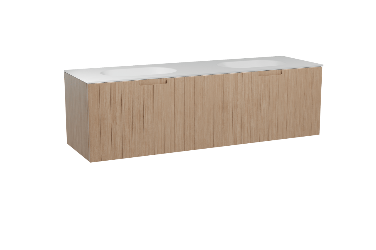 Balmani Adagio meuble salle de bains suspendu 180 x 55 cm chêne vieilli avec Tablo Oval double vasque en solid surface blanc mat