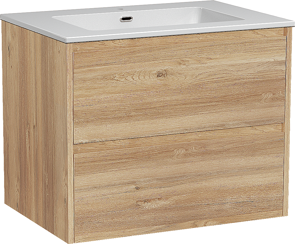 Storke Seda zwevend badmeubel 75 x 52 cm ruw eiken met Diva enkele wastafel in composietmarmer hoogglans wit