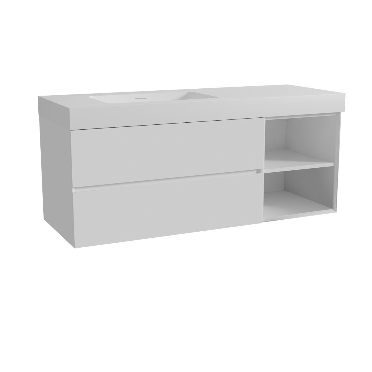 Storke Edge hängendes Möbelstück Set: 140 x 52 cm, Weiß glänzend, mit Mata High Waschtisch links, Solid Surface Weiß matt