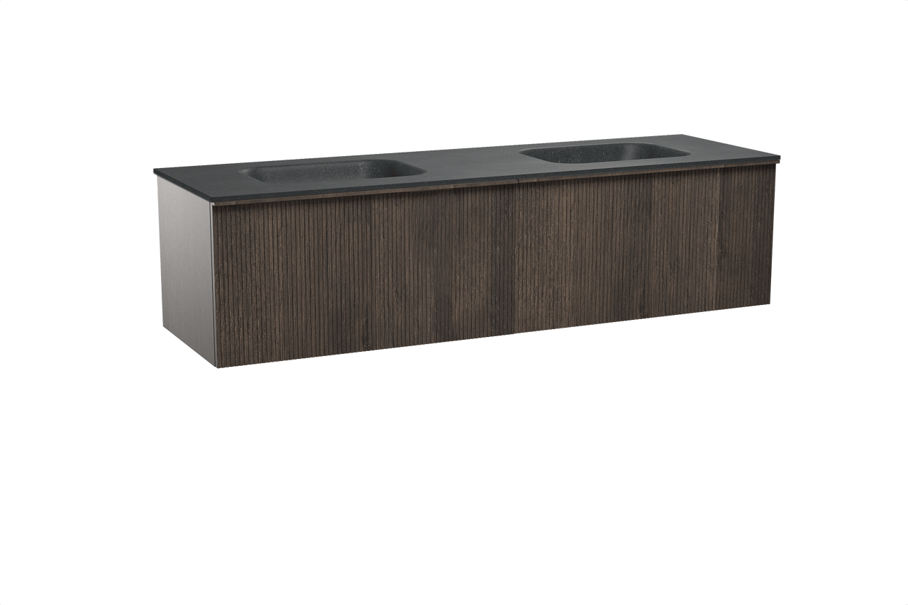 Balmani Forma meuble salle de bains suspendu 180 x 55 cm chêne fumé avec Tablo Arcato double vasque en granit noir, Nervure droite symétrique verticale