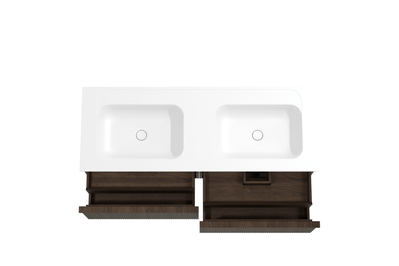 Balmani Forma meuble salle de bains suspendu 150 x 55 cm chêne fumé avec Tablo Strada double vasque en marbre composite blanc mat, Nervure droite symétrique verticale