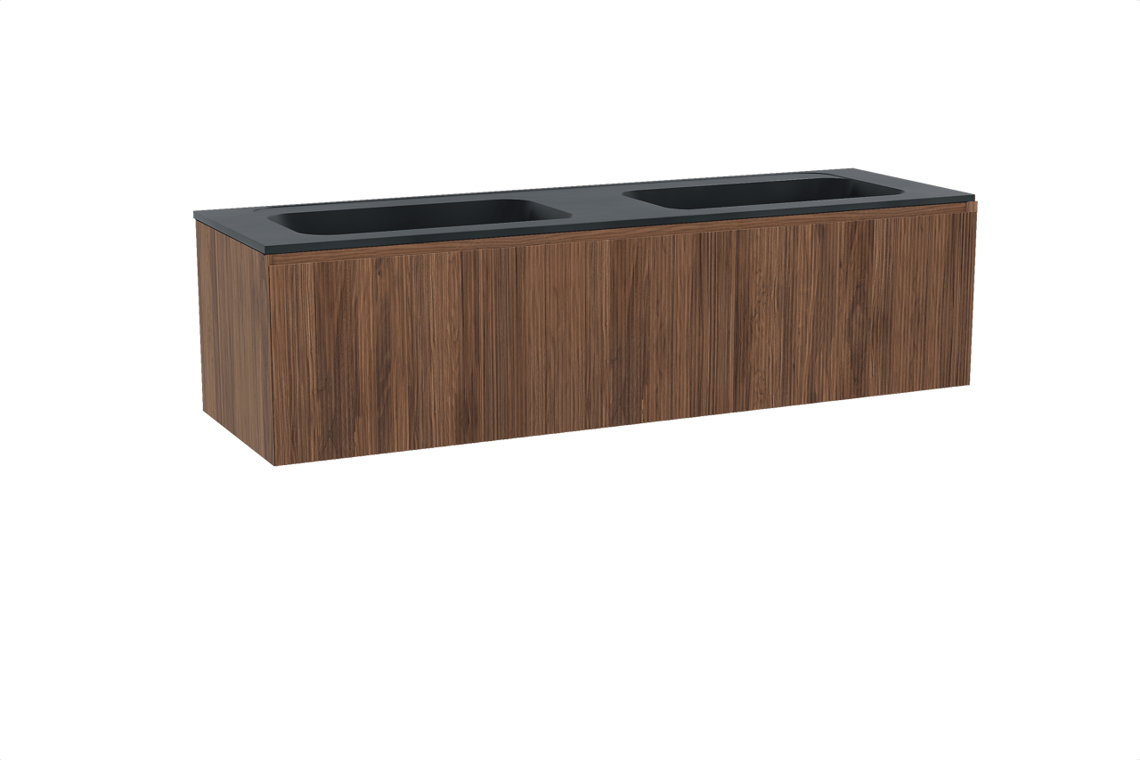 Balmani Fila hängendes Möbelstück Set: 180 x 55 cm, Nussbaum, mit Tablo Strada Doppelwaschtisch, Marmorkomposit, Schwarz matt, Vertikale symmetrische gerade Rippe