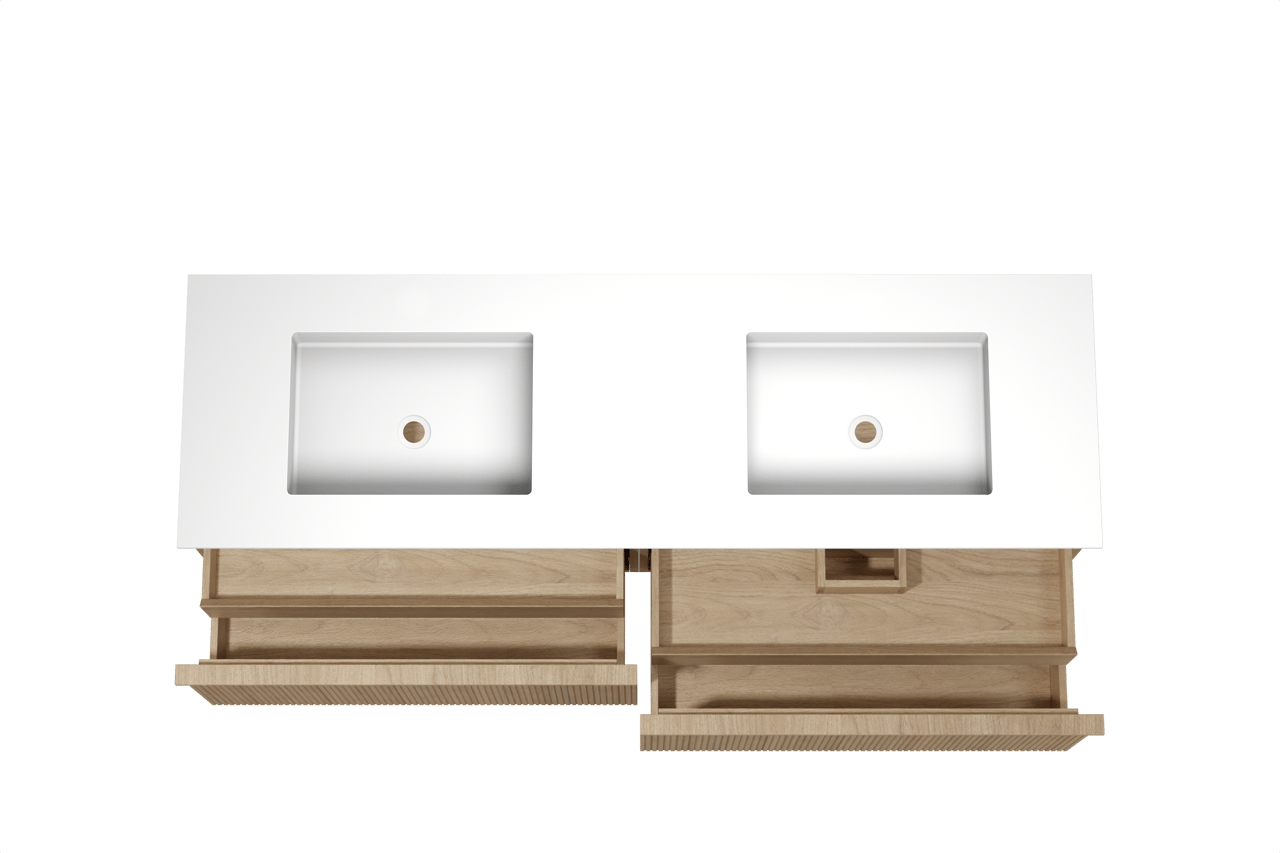 Balmani Forma meuble salle de bains suspendu 180 x 55 cm chêne naturel avec Tablo Stretto double vasque en solid surface blanc mat, Nervure droite symétrique verticale