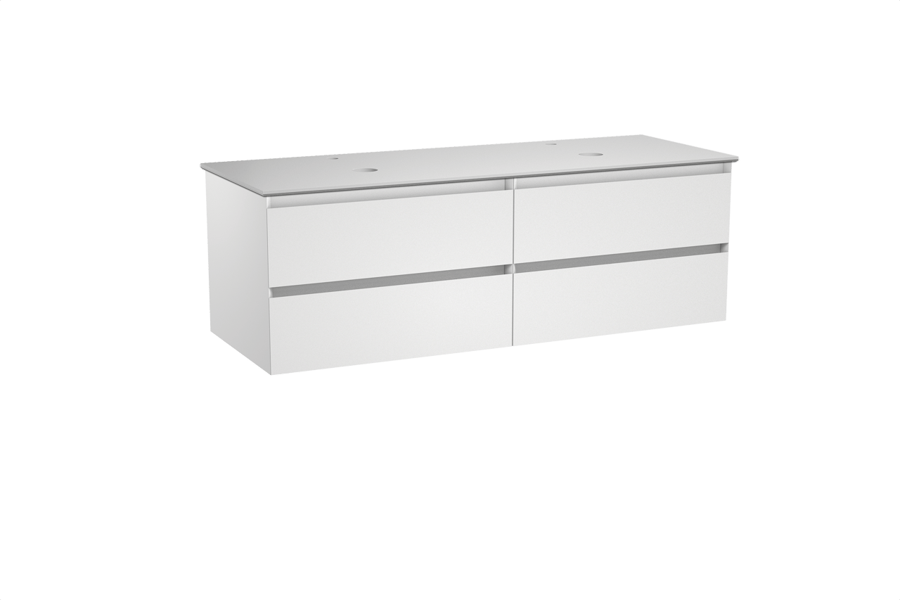 Balmani Mitra hängendes Möbelstück Set: 150 x 55 cm, Weiß matt, mit Facetta Doppel Waschtischplatte, Solid Surface Weiß matt