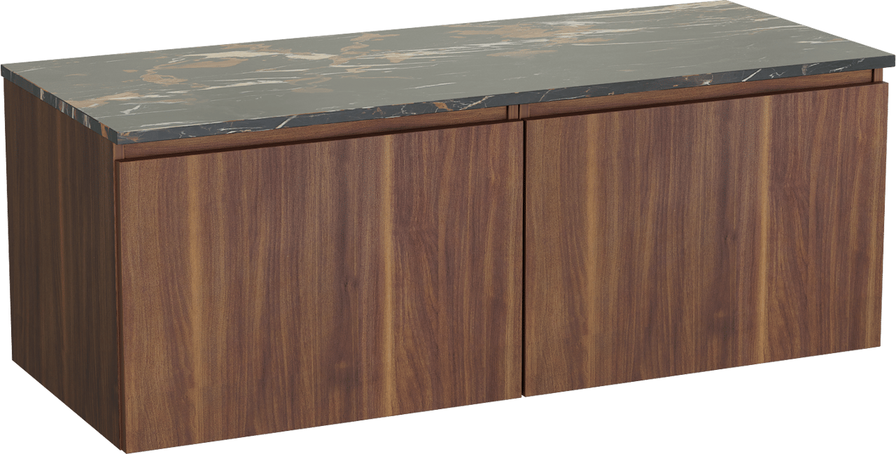 Balmani Sfera zwevend badmeubel 135 x 55 cm amerikaans notenhout met Stretto enkel of dubbel wastafelblad in marmer portoro gold