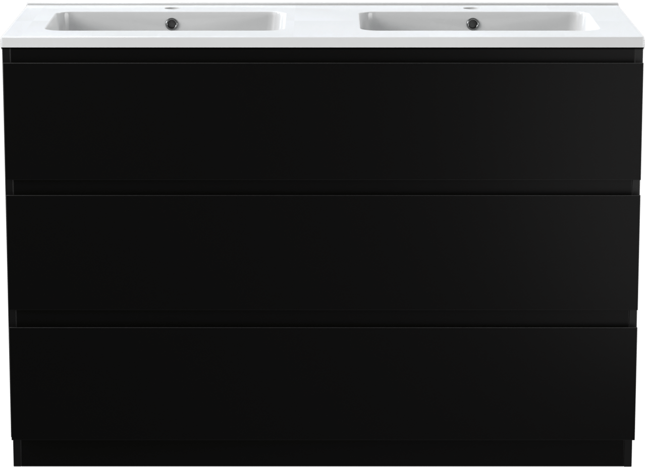 Linie Lado freistehendes Möbelstück Set: 120 x 46 cm, Schwarz matt, mit Vano Doppelwaschtisch, Marmorkomposit Weiß glänzend