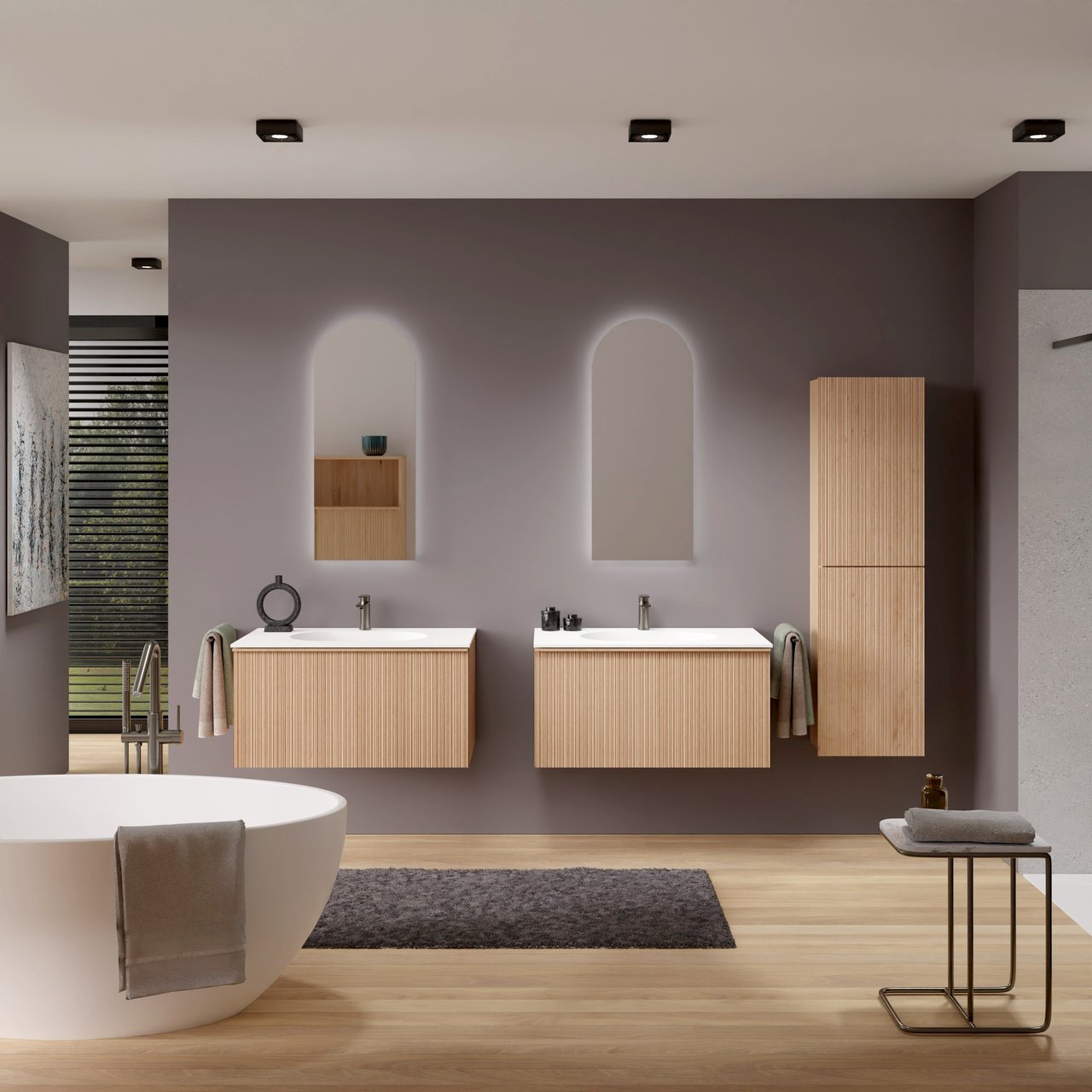 Balmani Forma zwevend badkamermeubel 90 x 55 cm natuur eik met Tablo Oval enkele wastafel in solid surface mat wit, Verticale asymmetrische ronde ribbel