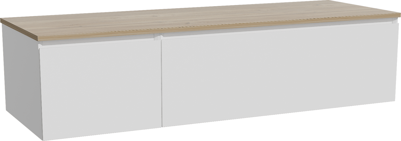 Storke Edge zwevend badmeubel 150 x 52 cm mat wit met Panton enkel of dubbel wastafelblad in melamine ruw eiken