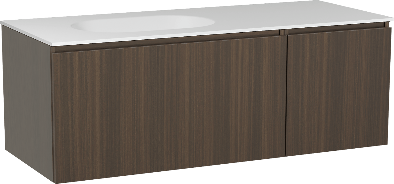 Balmani Sfera meuble salle de bains suspendu 135 x 55 cm eucalyptus avec Tablo Oval plan vasque asymétrique à gauche en solid surface blanc mat