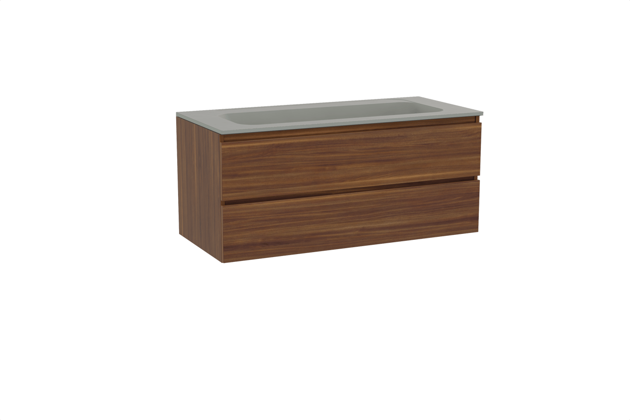 Balmani Lucida hängendes Möbelstück Set: 120 x 55 cm, Amerikanischer Nussbaum, mit Tablo Strada Einzelwaschtisch für 2 Armaturenlöcher, Marmorkomposit Seidengrau