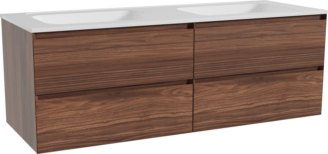 Balmani Mitra meuble salle de bains suspendu 150 x 55 cm noyer avec Tablo Strada double vasque en marbre composite blanc brillant