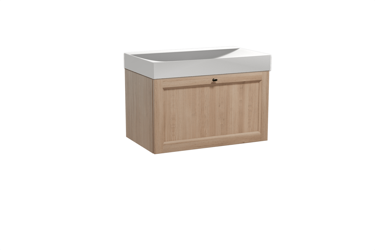 Balmani Lemon hängendes Möbelstück Set: 90 x 55 cm, Verwitterte Eiche, mit Wave Einzelwaschtisch, Solid Surface Weiß matt